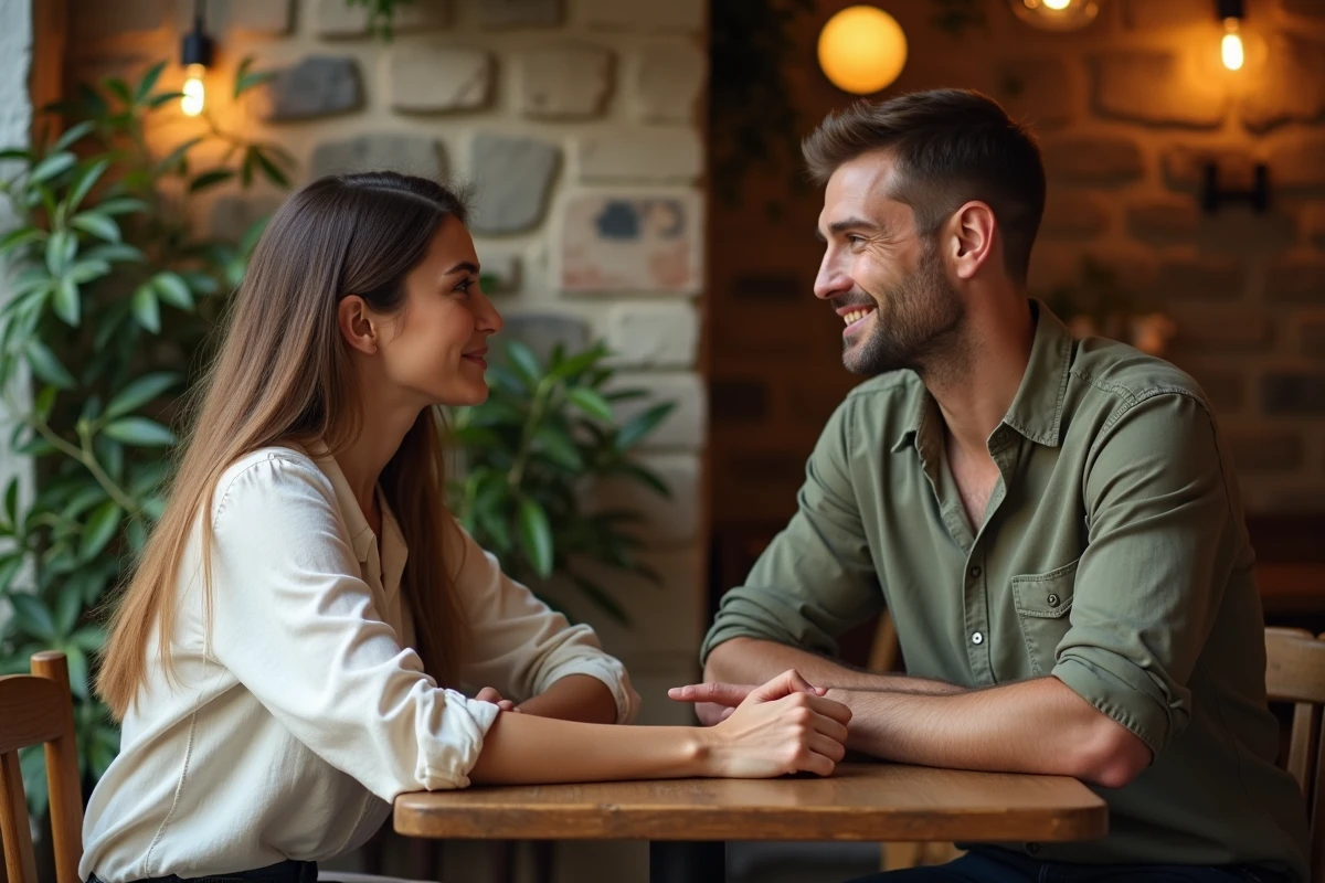 Deux adultes assis face à face dans un café rustique, partageant une conversation intime évoquant la connexion spirituelle entre âmes sœurs
