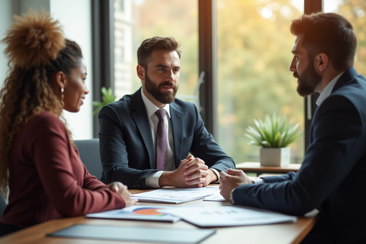 Conseiller financier confiant avec un couple dans un bureau élégant