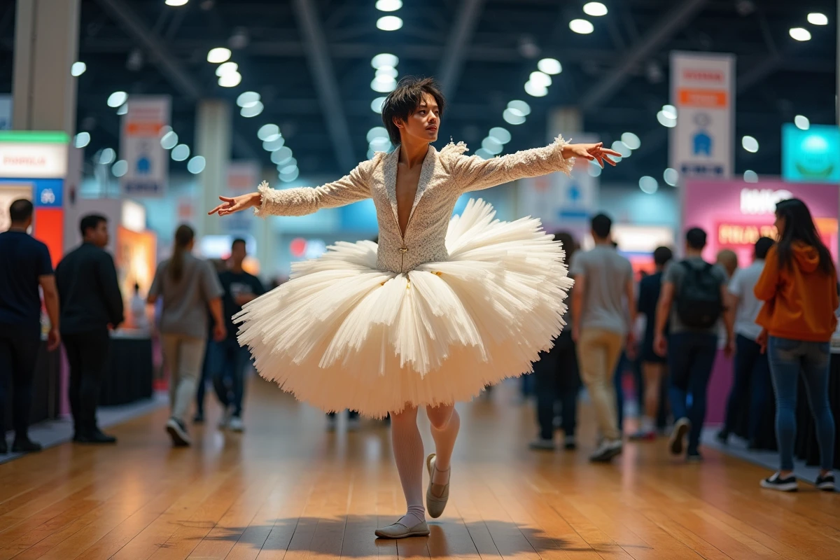 Cosplayeur déguisé en Mr. Two Bon Clay de One Piece lors d'une convention manga, pose théâtrale sur scène
