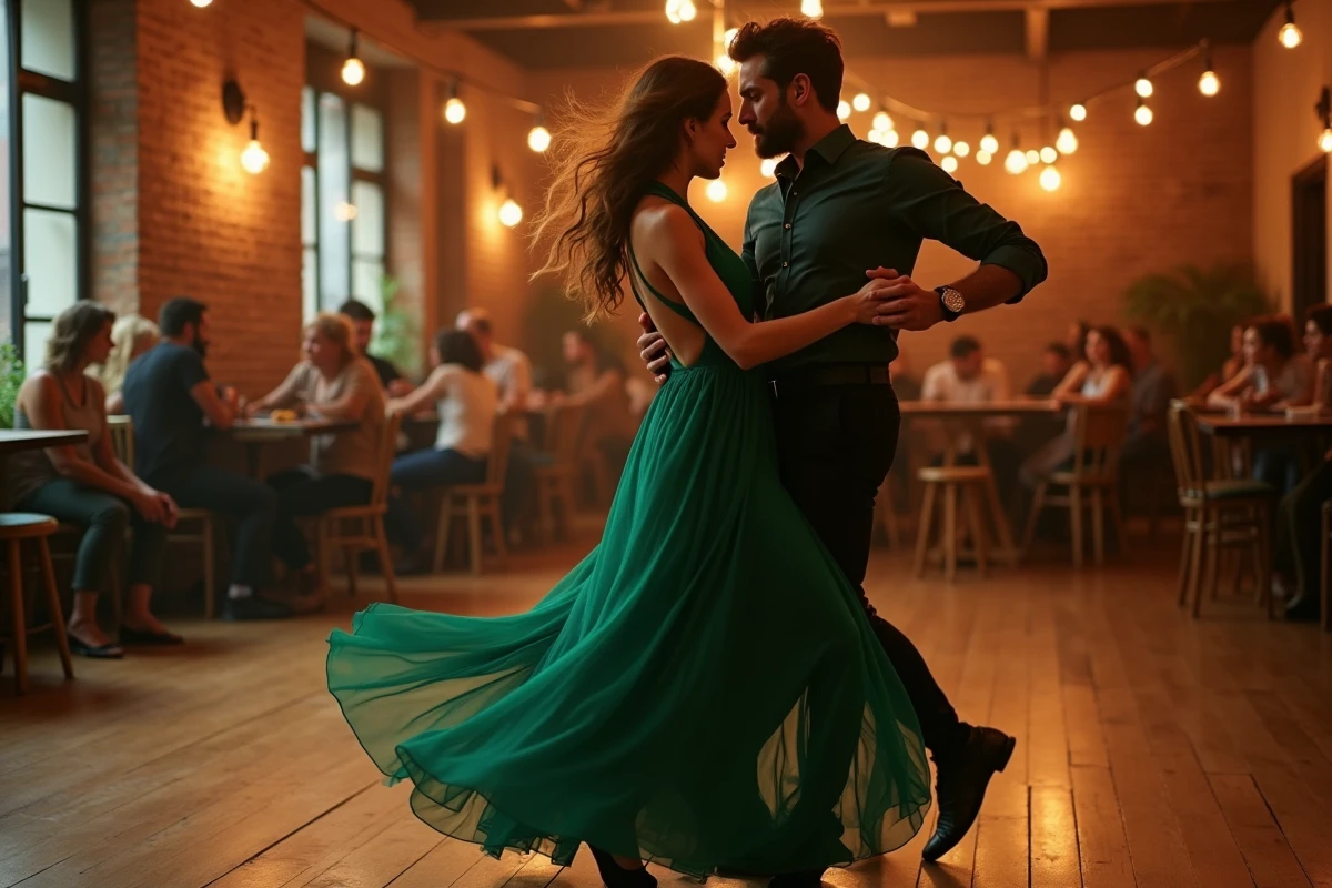 Couple dansant le zouk brésilien dans un studio de danse avec plancher en bois, robe verte fluide et mouvement de backbend gracieux
