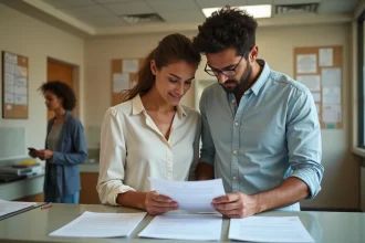 Couple mixte examinant des documents officiels pour une demande de nationalité française dans une préfecture