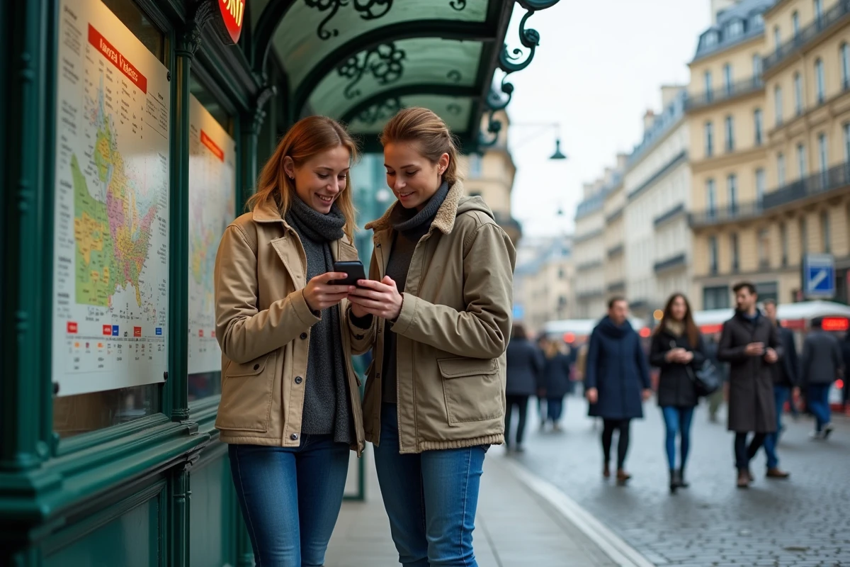Couple devant une entrée de métro parisien Art Nouveau consultant les tarifs et zones 2026