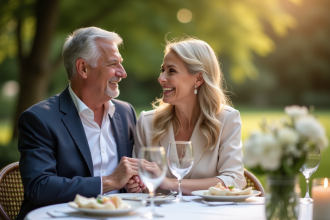 Couple mature souriant lors d une celebration en plein air