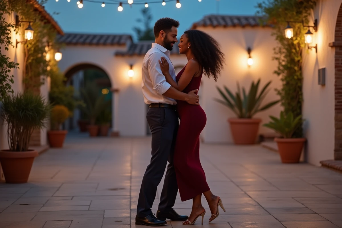 Couple dansant la kizomba en embrace fermée dans une cour extérieure méditerranéenne au crépuscule, robe bordeaux et chemise blanche