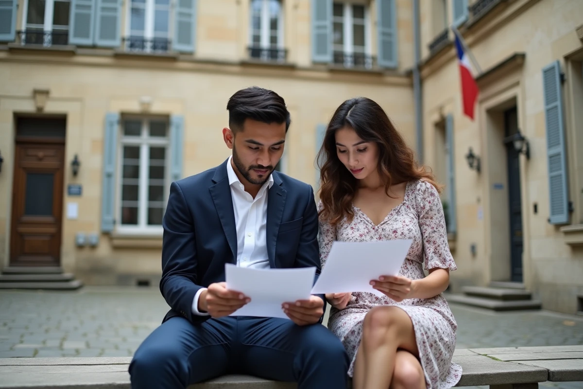 Couple devant une mairie française consultant des documents liés à la nationalité par mariage