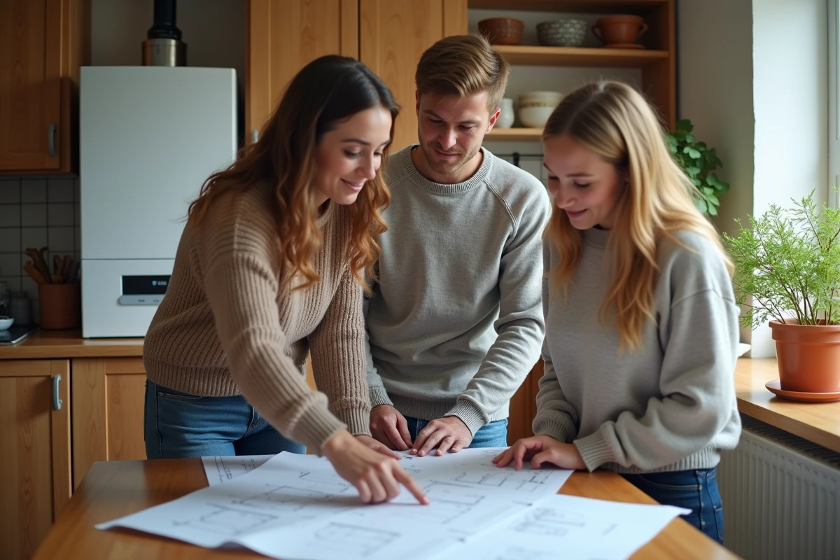 Jeune couple et technicien examinant plans de chauffage dans la cuisine