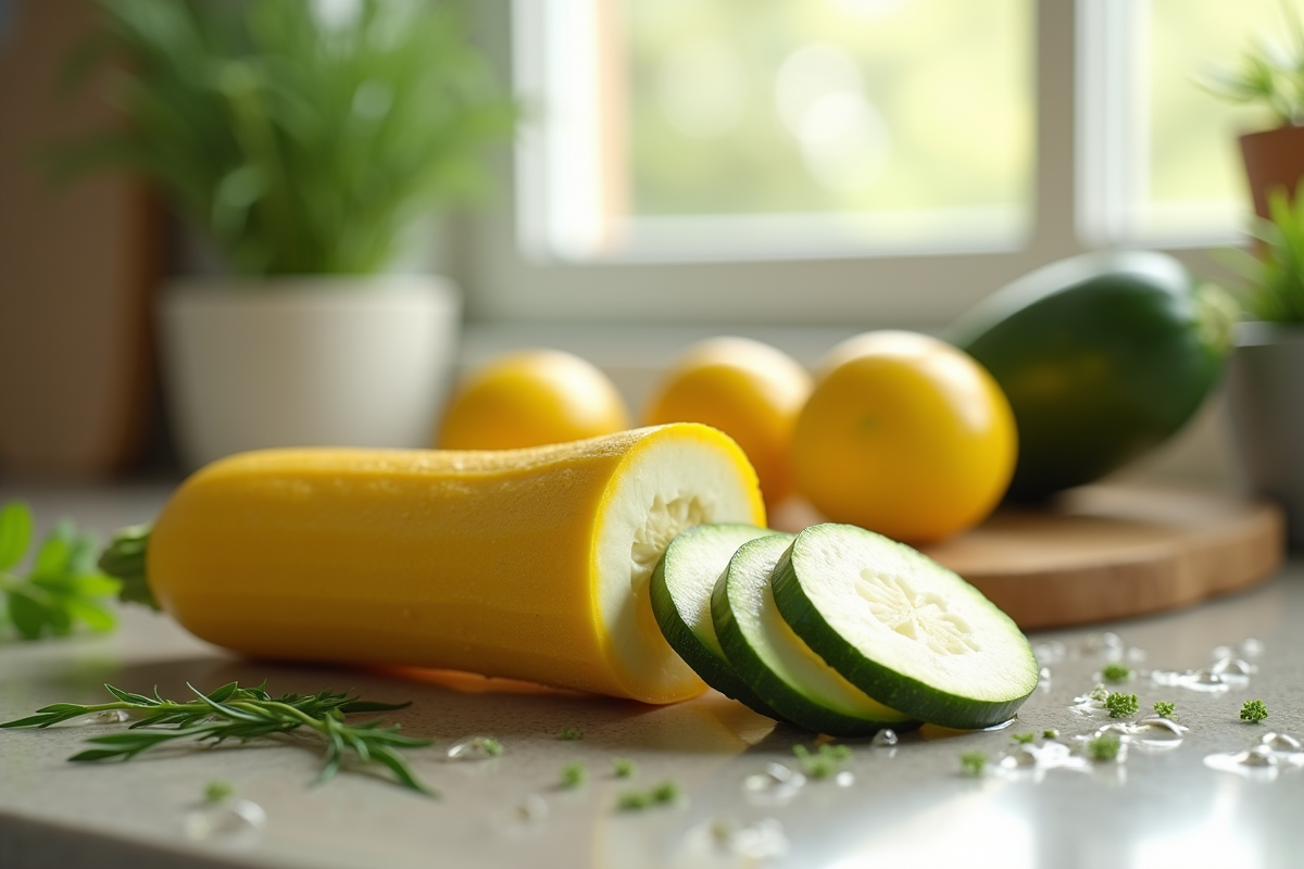Tranche de courgette jaune sur plan de travail avec herbes et gouttes d