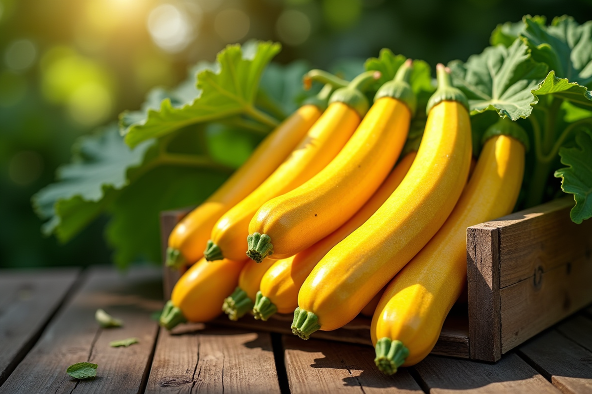 Courgettes jaunes fraîchement récoltées avec feuilles vertes sur une table en bois