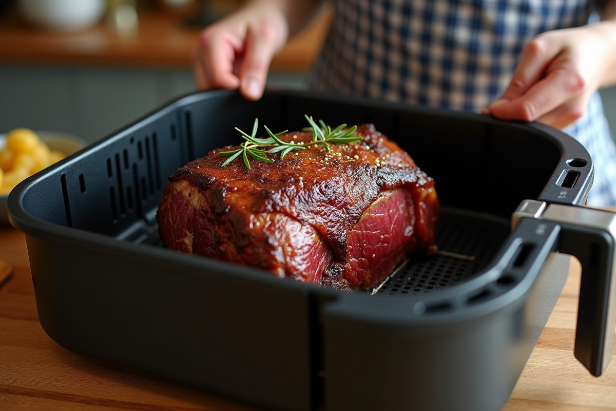 Cuisinière avec rôtis de boeuf dans la friteuse