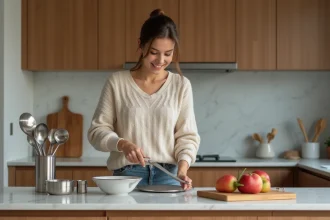 Jeune femme posant des ustensiles et panier gourmand dans la cuisine