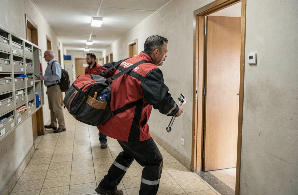 Plombier d'urgence de Dépannage 24 intervenant rapidement dans un immeuble résidentiel à Lyon