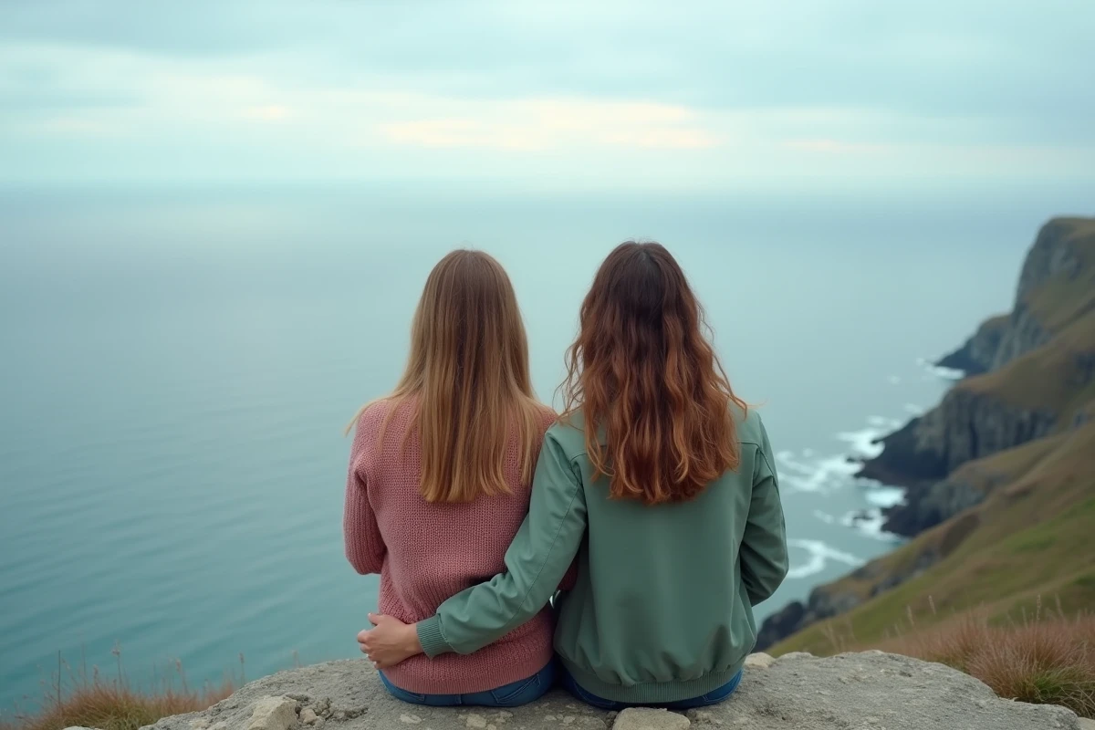 Deux femmes assises sur une falaise rocheuse au bord de la mer, contemplant l'horizon ensemble dans une atmosphère de complicité spirituelle et de connexion profonde