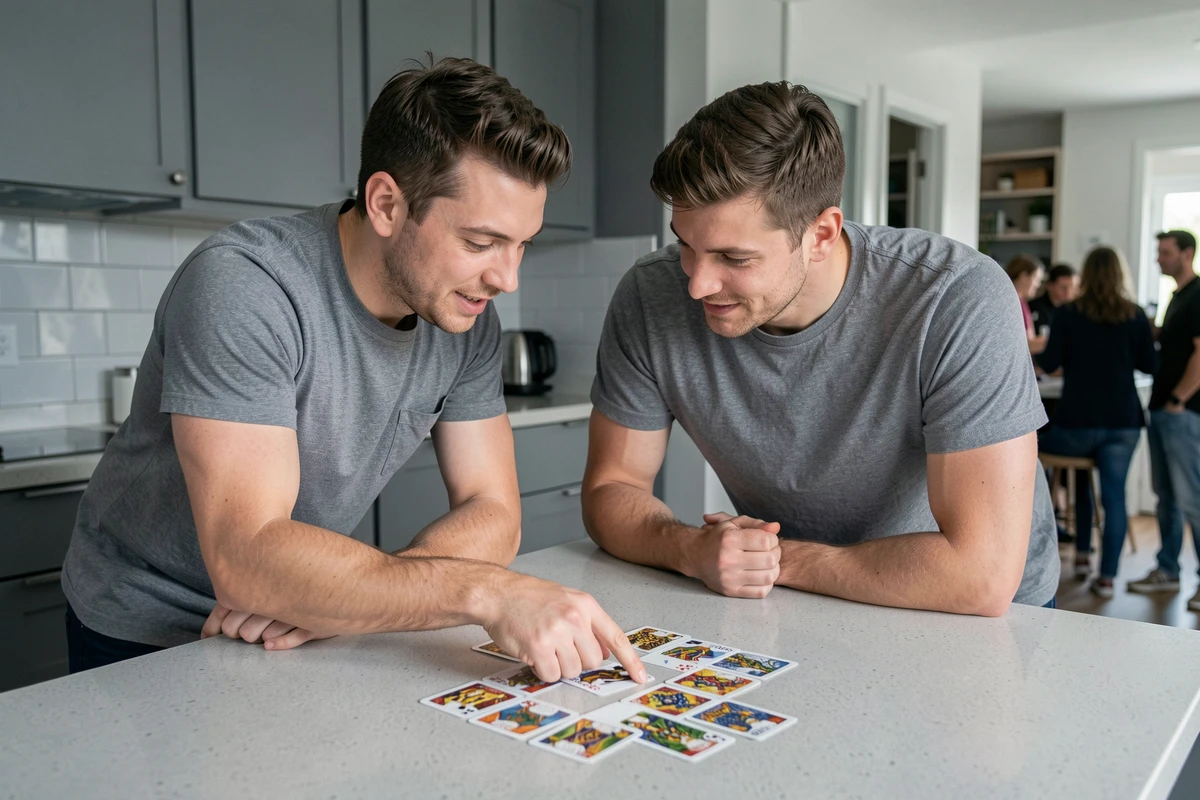 Deux hommes expliquant les règles du jeu de cartes Palmier dans une cuisine moderne