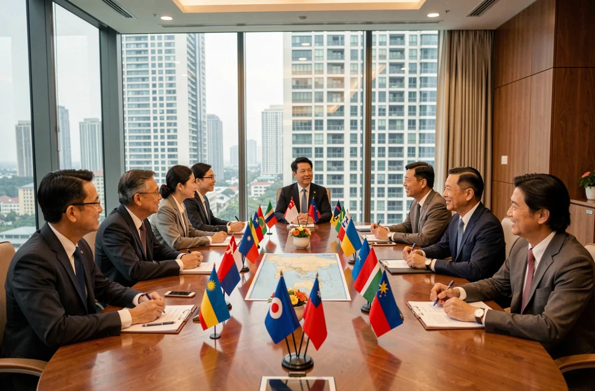 Diplomates asiatiques réunis autour d'une table de conférence avec cartes et drapeaux nationaux, illustrant la géopolitique des pays d'Asie en 2026