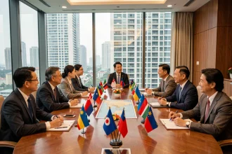 Diplomates asiatiques réunis autour d'une table de conférence avec cartes et drapeaux nationaux, illustrant la géopolitique des pays d'Asie en 2026