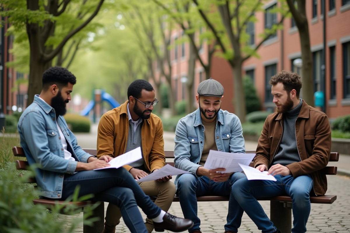 Groupe de personnes discutant dans un quartier résidentiel