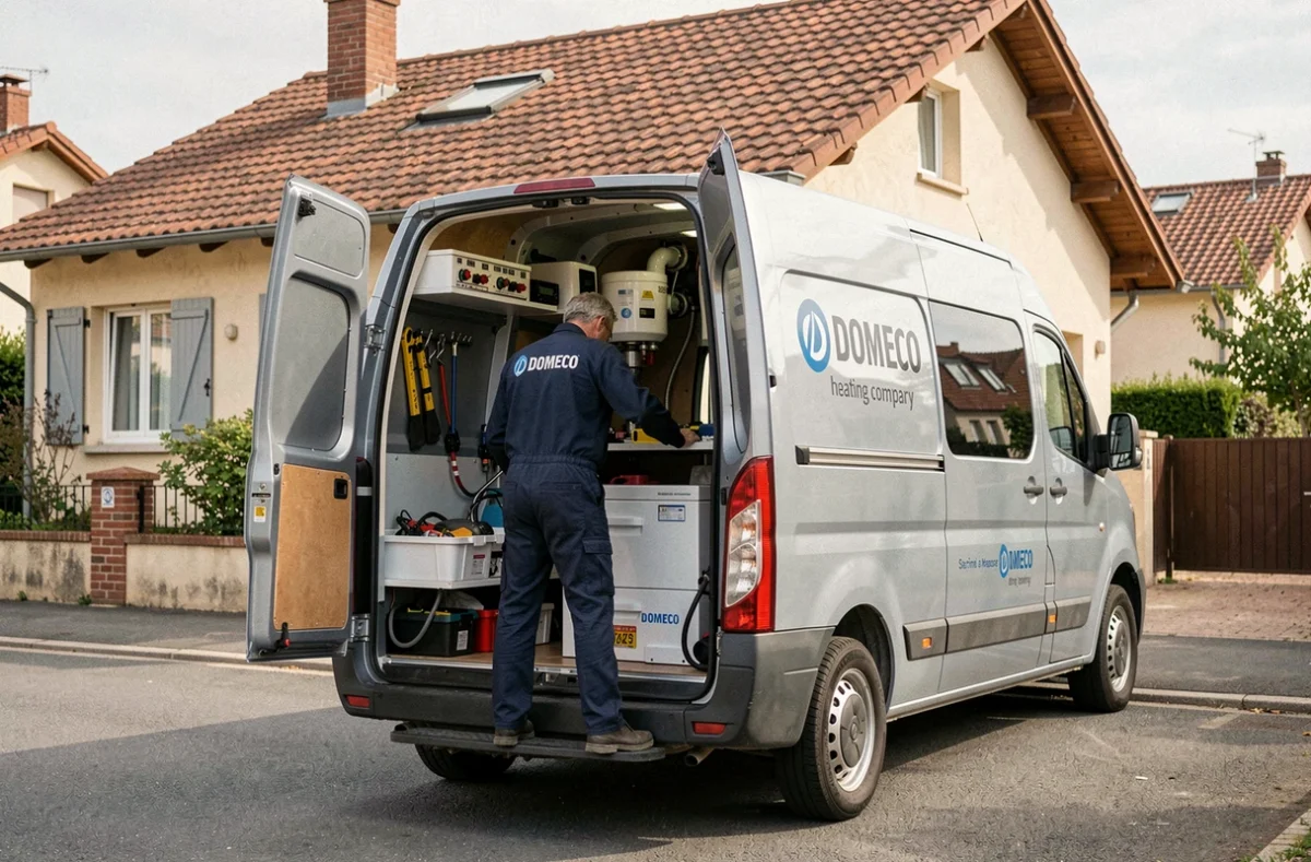 Technicien DOMECO déchargeant du matériel de chauffage depuis un camion de service dans la Vienne