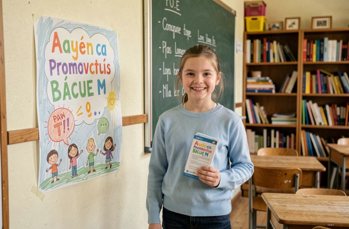Jeune élève de CM1 présentant son affiche de campagne pour l'élection du délégué de classe dans une salle de classe colorée