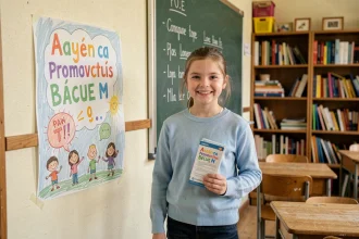 Jeune élève de CM1 présentant son affiche de campagne pour l'élection du délégué de classe dans une salle de classe colorée