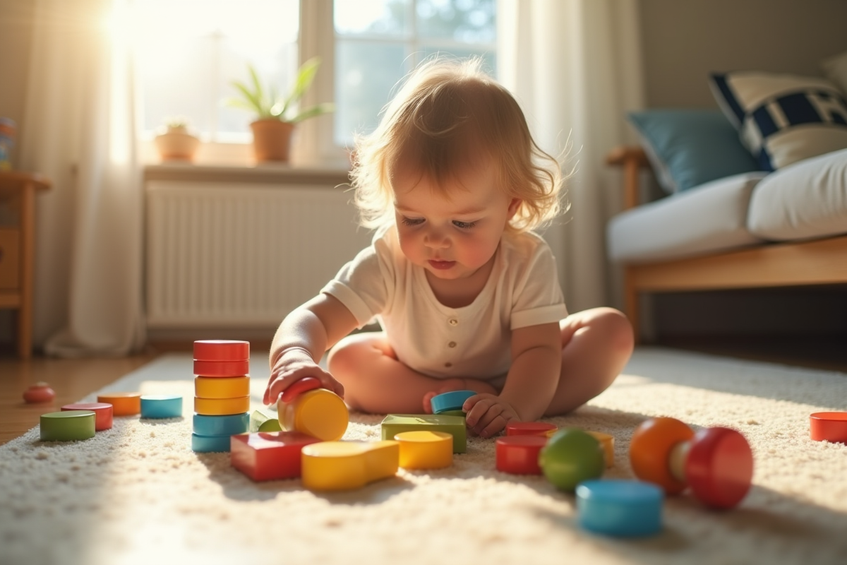 Enfant de deux ans jouant avec des jouets éducatifs colorés