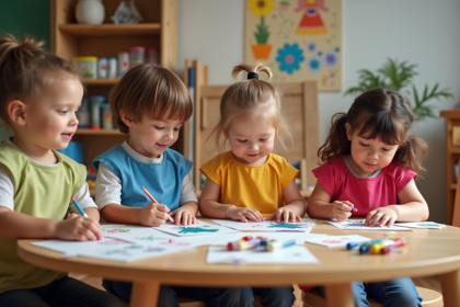 Groupe d'enfants en activité créative en classe maternelle