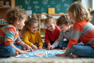 Enfants d'école primaire jouant avec un jeu éducatif en classe