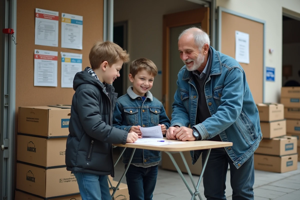 Père et fils enregistrant leur stand avec un homme âgé