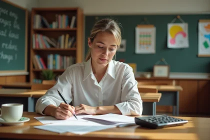 Professeure femme examine fiche de salaire dans classe lumineuse