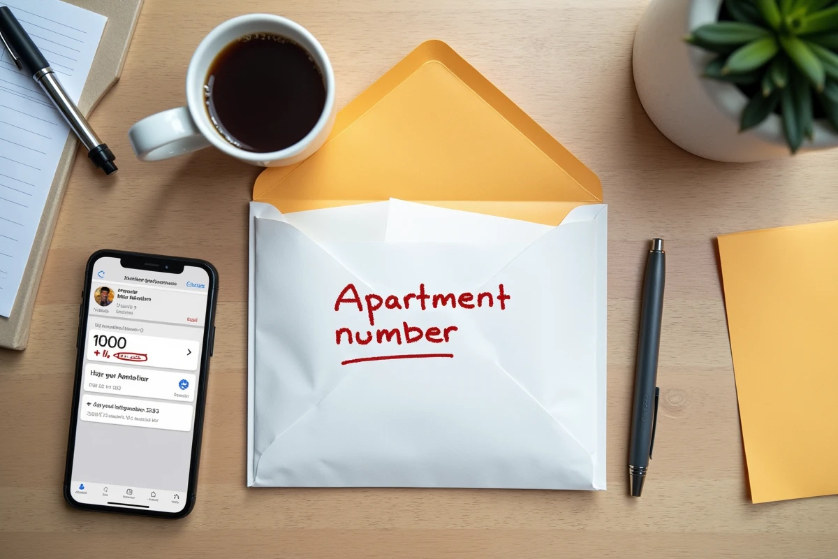 Vue aérienne d'une enveloppe et d'un téléphone montrant une adresse postale incomplète sur un bureau en bois