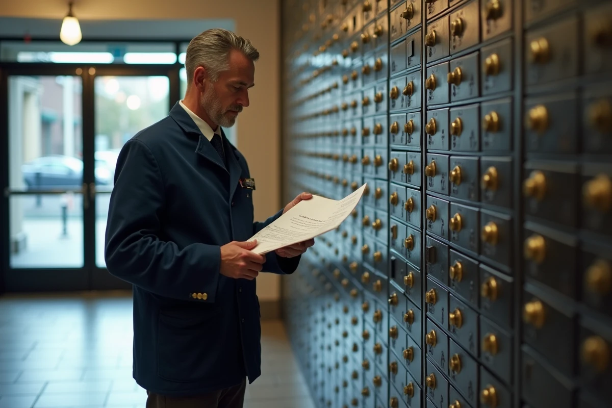 Facteur vérifiant une adresse incomplète sur une lettre dans un hall d'immeuble résidentiel