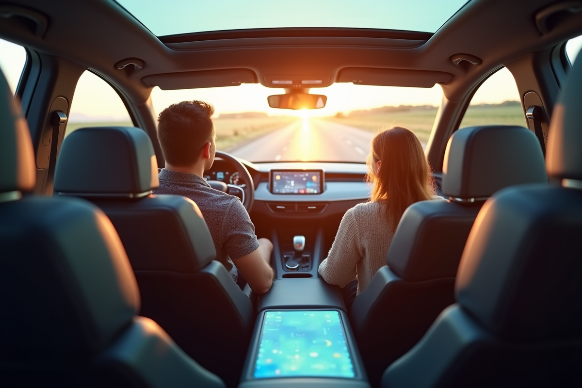 Famille dans une voiture autonome en intérieur lumineux