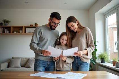 Famille jeune dans un appartement lisant des documents
