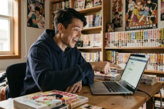 Fan de manga réagissant à chaud au scan One Piece 1148 devant son ordinateur entouré de volumes manga