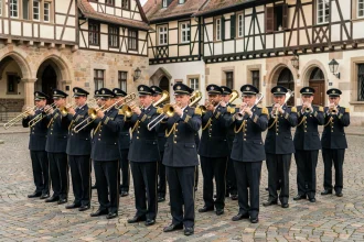 Fanfare militaire française jouant La Strasbourgeoise sur une place pavée de Strasbourg en uniforme bleu marine et or