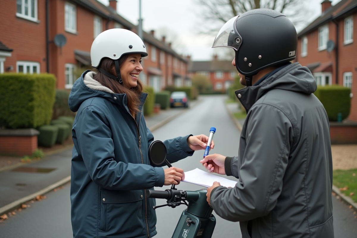 Femme souriante achetant un scooter 50cc sur une rue résidentielle