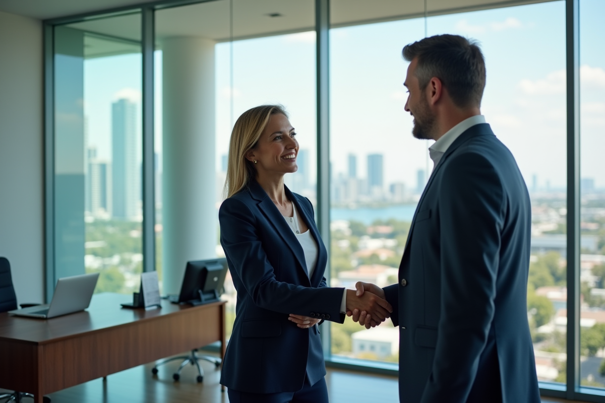 Femme d affaires serrant la main d un client dans un bureau moderne