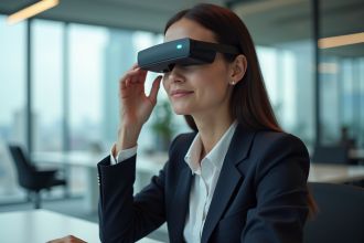 Femme en bureau portant des lunettes AR modernes et élégantes