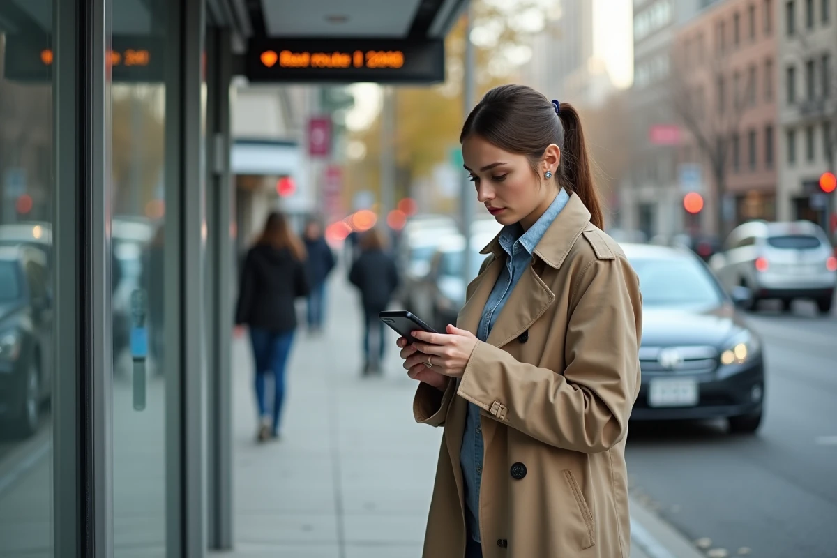 Femme consultant les horaires du bus 249 en temps réel sur son smartphone à un arrêt de bus urbain
