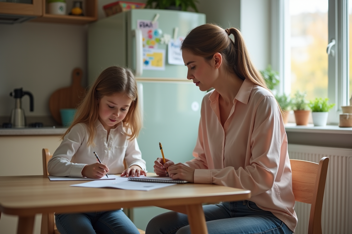 Femme en cuisine triant des factures avec sa fille