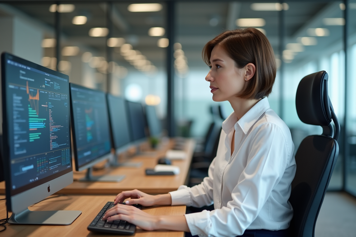 Femme professionnelle utilisant un tableau de bord numérique au bureau