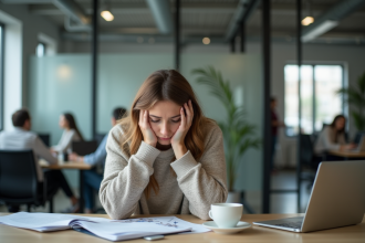 Femme assise au bureau avec expression épuisée