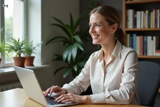Femme souriante dans un bureau moderne avec ordinateur