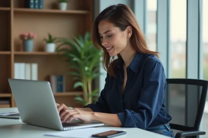 Femme concentrée travaillant sur son ordinateur dans un bureau moderne