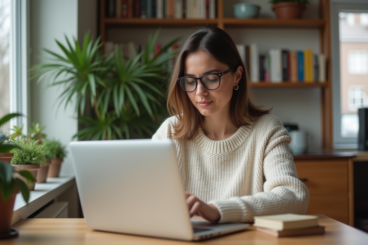 Jeune femme travaillant sur un ordinateur dans un bureau à domicile