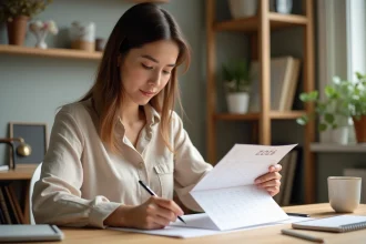 Femme écrivant sur un calendrier 2026 mensuel imprimé posé sur un bureau en bois dans un bureau à domicile