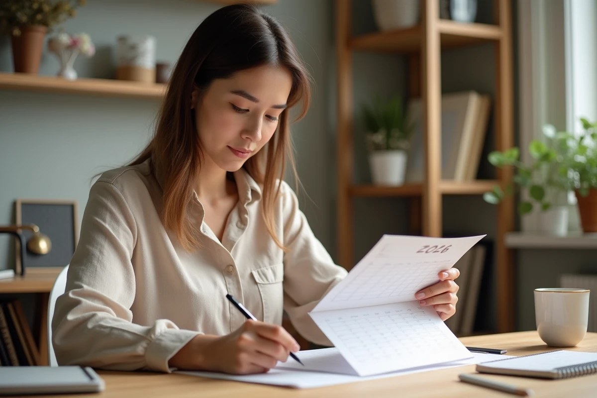Femme écrivant sur un calendrier 2026 mensuel imprimé posé sur un bureau en bois dans un bureau à domicile