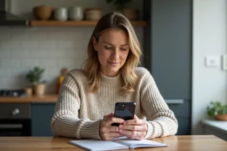 Femme d'âge moyen dans une cuisine moderne utilisant son smartphone