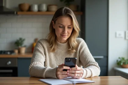 Femme d'âge moyen dans une cuisine moderne utilisant son smartphone