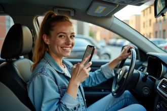 Femme souriante dans sa voiture avec smartphone ridesharing