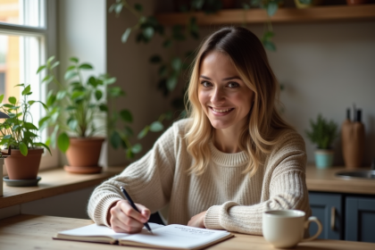Femme écrivant une citation inspirante dans un journal à la maison